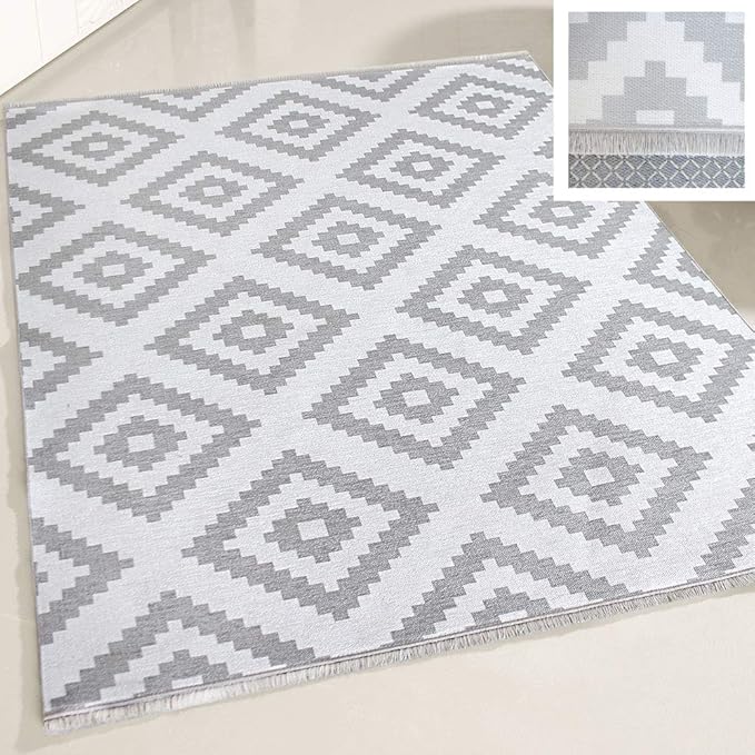 mynes Home Teppich waschbar Wohnzimmerteppich Küche Flur Kinderzimmer Arbeitszimmer grau weiß skandinavisches Design KELIM St