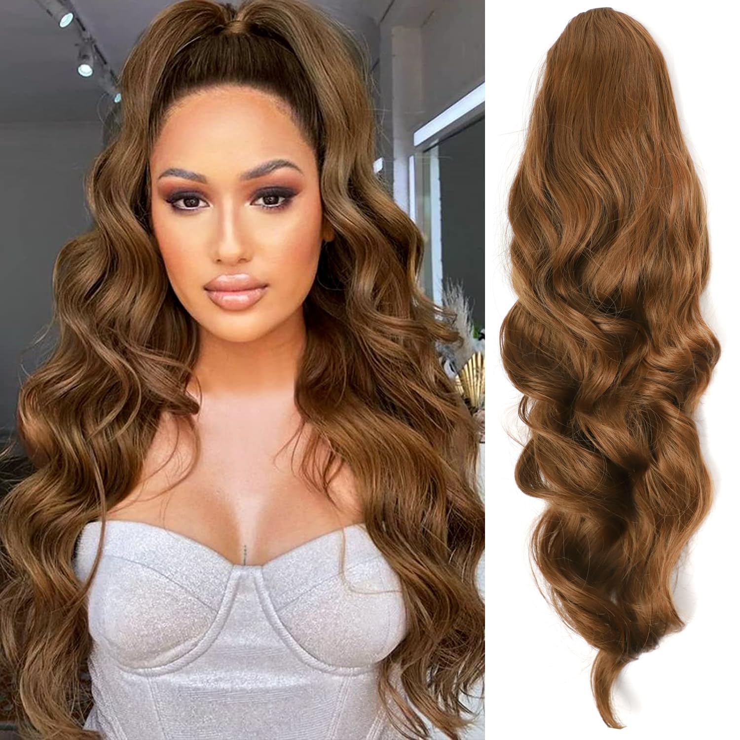 YEESHEDO Brown Long Wavy Ponytail Hair Extension for Women Drawstring Ponytail Hair Extensions Clip in Curly Synthetic Hairpiece 26 Inches — image 1