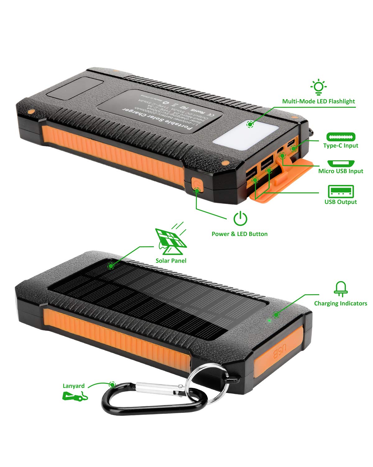 Solar Power Bank,Solar Charger 22000mAh Fast Charging Portable Phone Charger with Solar LED Light Android 3A+Type-C 3A Waterproof Dustproof Anti-Shock Cellphone Charger Large Capacity External Battery