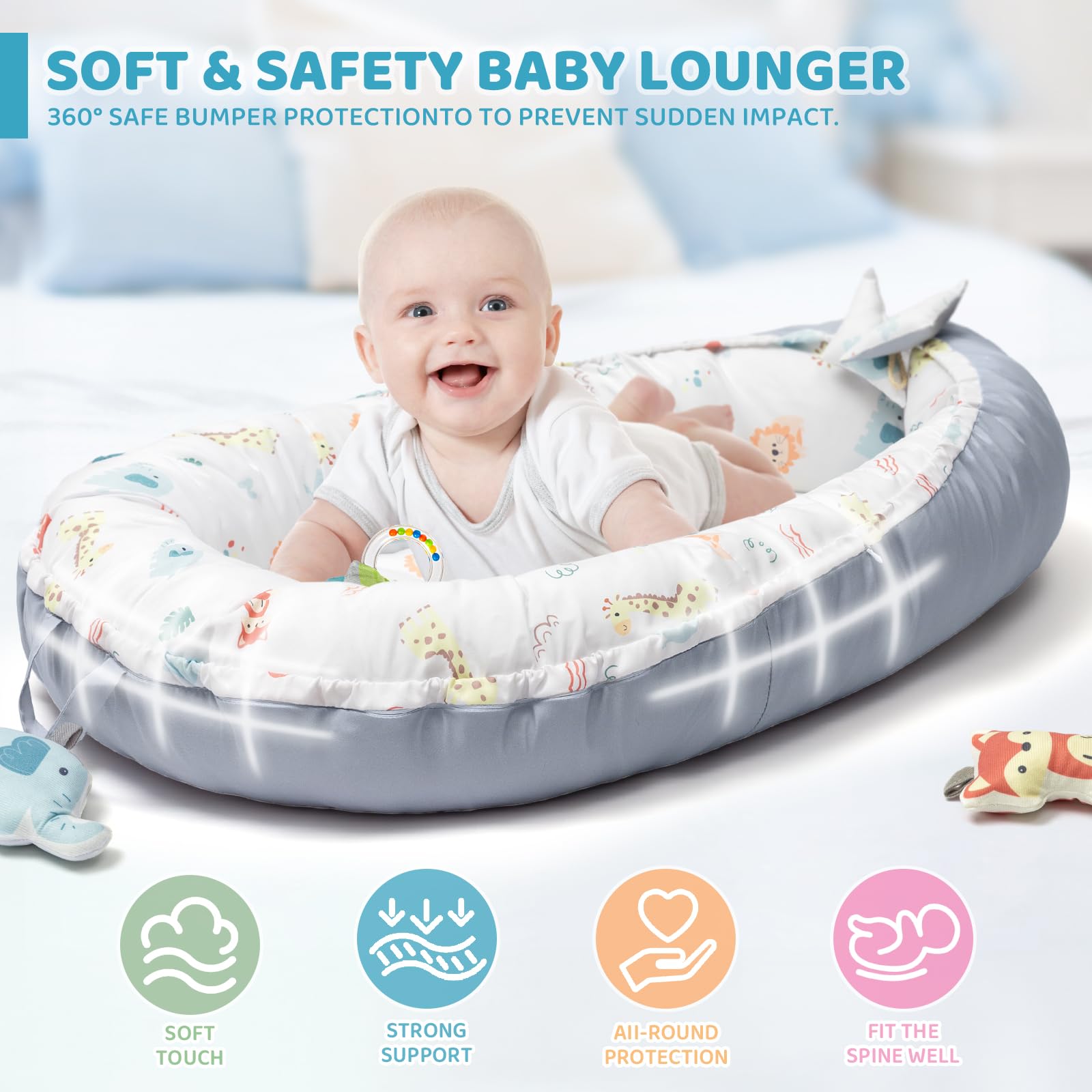 Baby Play Mat, 7-in-1 Tummy Time Activity Gym Mat, Washable Baby Lounger Nest, Portable Floor Seat for Home & Travel, Baby Essentials Gift for Infant Newborn 0-6-12-18 Months