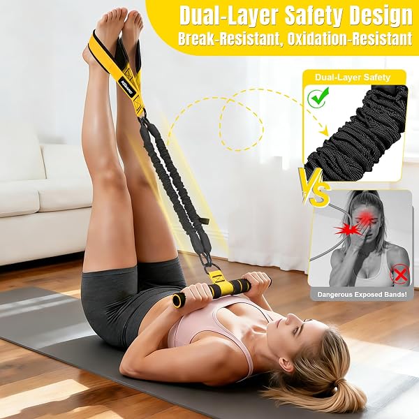 KUZARO UPGRADED MULTIFUNCTION PEDAL RESISTANCE BAND WITH HANDLE, 3 TUBE ADJUSTABLE RESISTANCE BANDS FOR ABDOMEN, WAIST, ARM, CORE/ABS, LEG WORKOUT – SIT UP EXERCISE EQUIPMENT FOR WOMEN