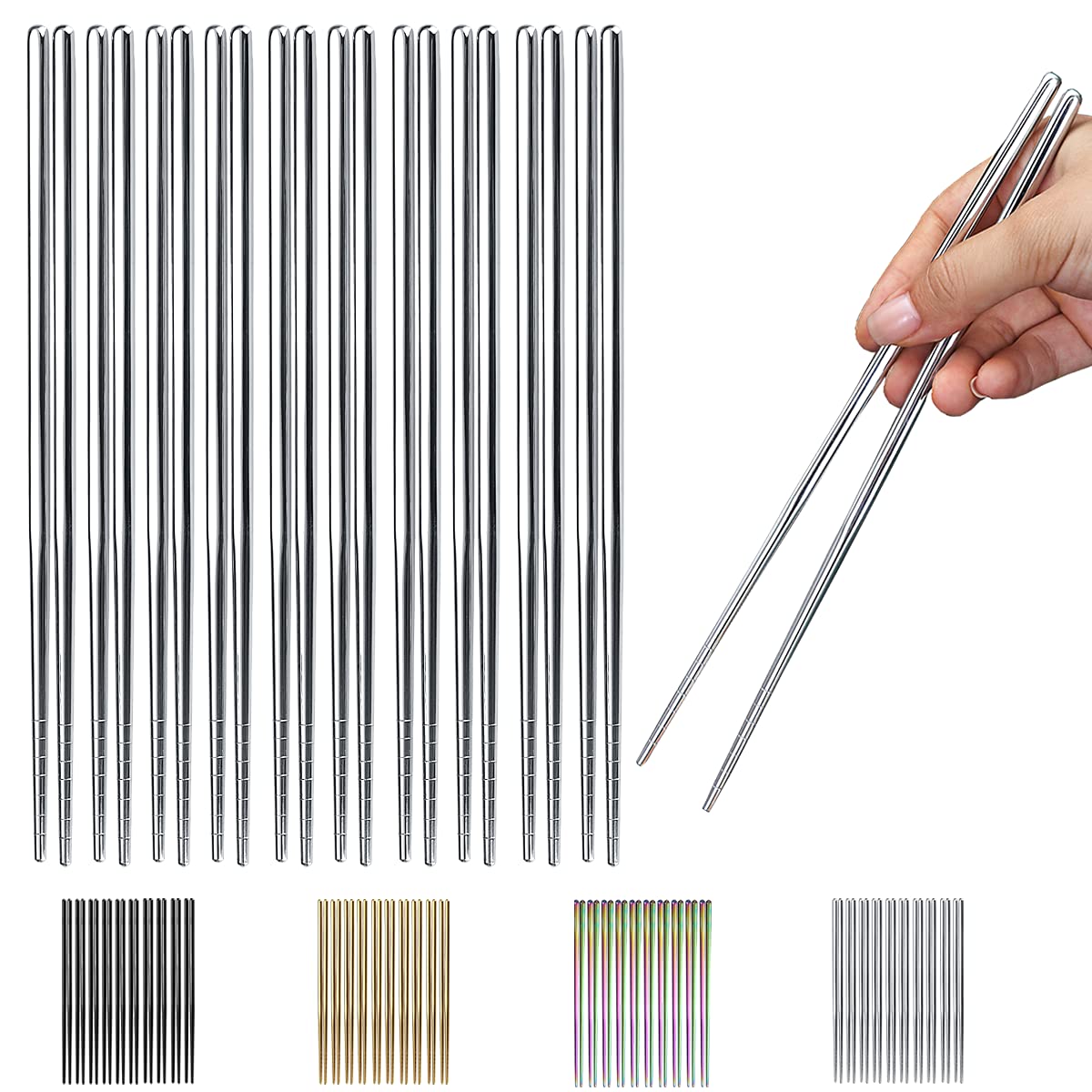 Photo 1 of 10 Pairs Reusable Chopsticks, Stainless Steel Metal Chop Sticks, Japanese Chinese Korean Chopstick Dishwasher Safe, 8.9 Inch (Silver / Chop sticks)