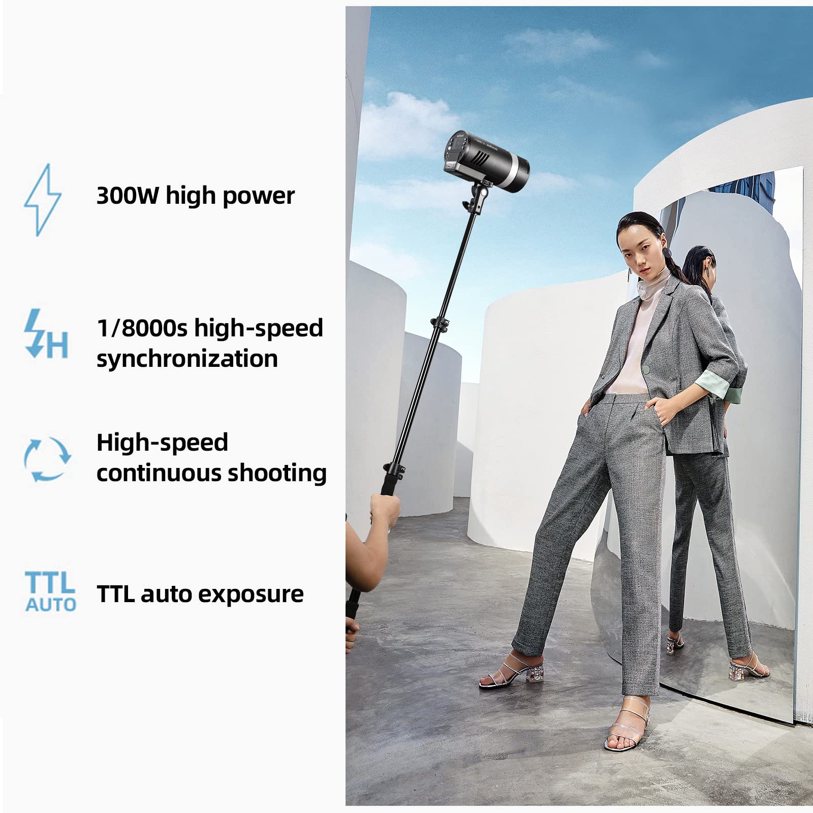GODOX AD300Pro Studio Outdoor Strobe Flash, AD300 Pro 300W 2.4G TTL HSS 1/8000s Monolight Speedlite Light, 2600mAh Lithium Battery, 0.01-1.5s Recycle Time, 12W Bi-Color Dimmable Modeling LED