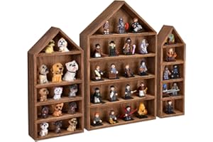 Ikee Design 3 Pcs Set House-Shaped Shelf Wooden Shadow Cubby Box Display Shelf Organizer Storage Display Shadow Box for Mini Figures,15 Compartments, Brown Color