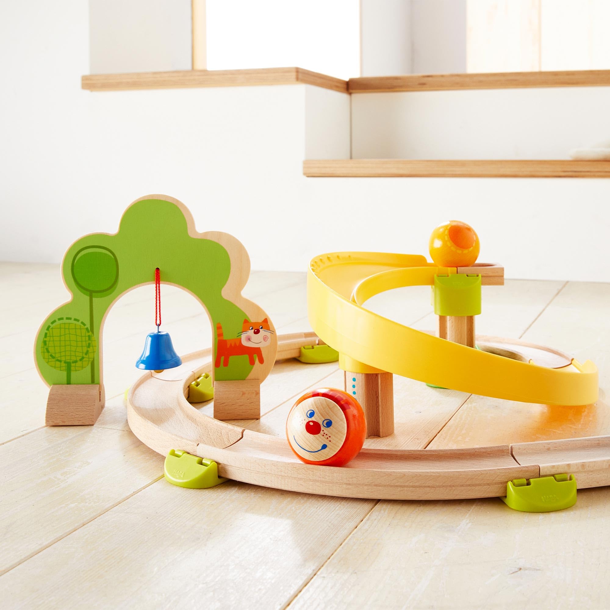 HABA Kullerbu Spiral Track - 26 Piece Wood & Plastic Ball Track Set with Crazy Curves & Bell Age 2+