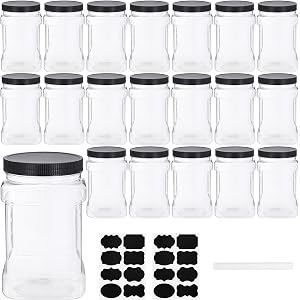 20 Pack Clear Plastic Storage Jars with Lids, 27oz Square Storage Containers with Black Screw Lids, Airtight Wide Mouth Canis