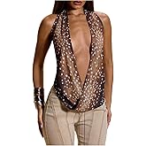 SHENHE Women's Sexy Animal Print Open Back Deep Plunge Halter Top Y2k Going Out Low Cut Top
