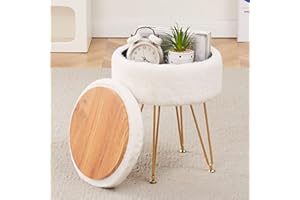 Cplxroc Footrest Footstools Round Faux Fur Ottoman with Storage Space Soft Vanity Chair Seat Coffee Table Ottoman Small Side Table Metal Legs with Adjustable Footings (Cream)
