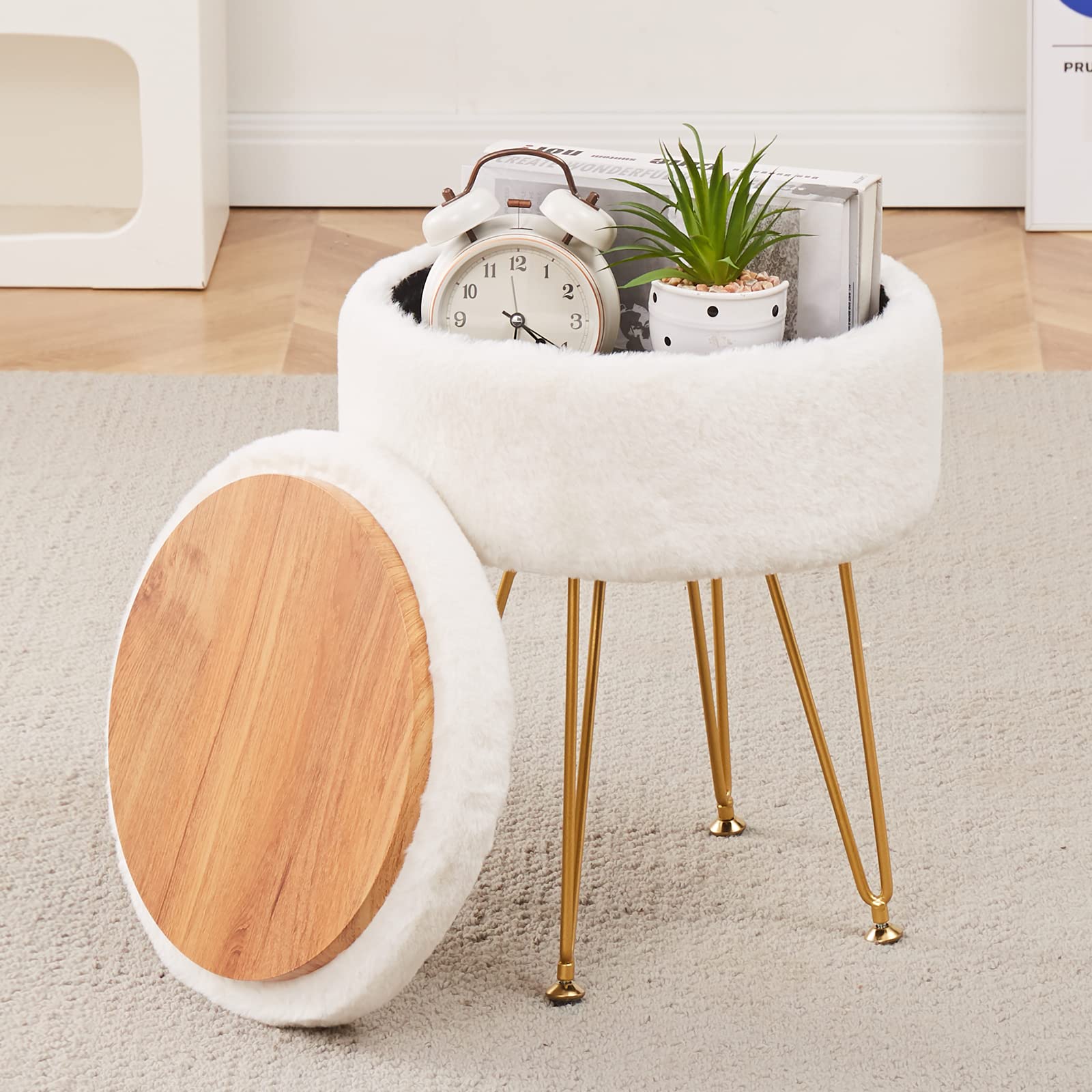 Photo 1 of Cplxroc Footrest Footstools Round Faux Fur Ottoman with Storage Space Soft Vanity Chair Seat Coffee Table Ottoman Small Side Table Metal Legs with Adjustable Footings (Cream)