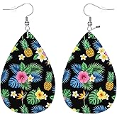 Zokola Pineapples Leather Earrings For Women Friends Teardrop Leaf, Tropical Pineapples Palm Leaves And Flowers Petal Drop Earrings Antique Faux Statement Earrings Set