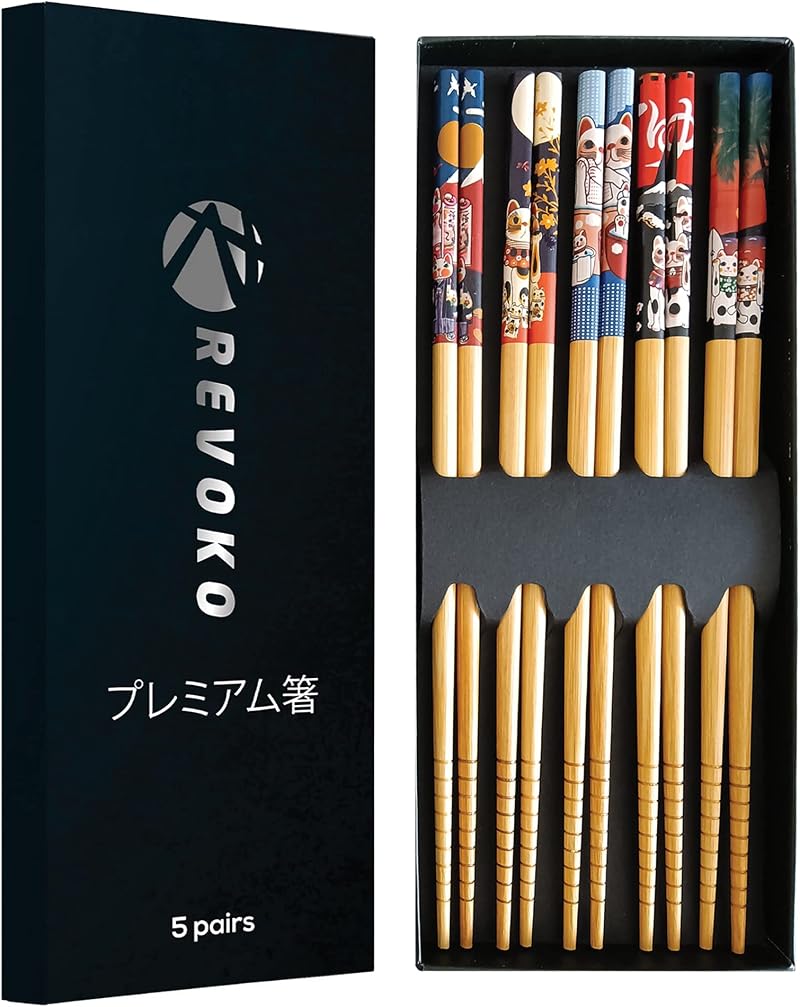 REVOKO Bamboo Chopsticks 5-Pack Japanese Reusable Fortune Cat Print