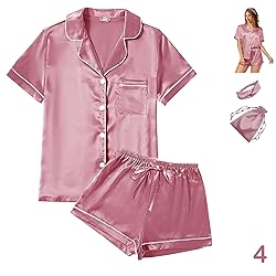 4Pcs Womens Satin Silky Pajama Sets Short Sleeve
