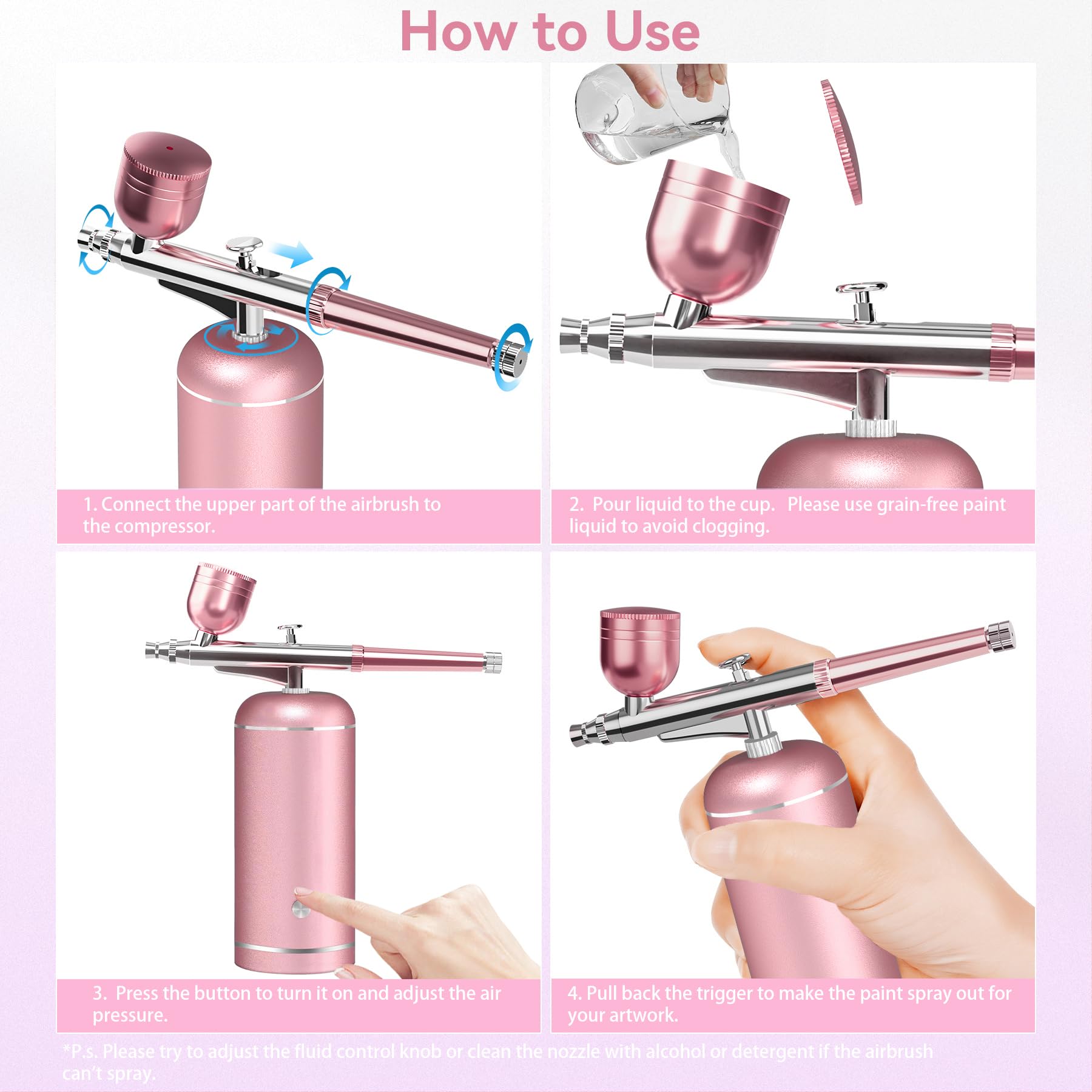 LOISVI Airbrush Kit with Compressor - 48PSI High-Pressure, Non-Clogging Air Brush Set Cordless Rechargeable with 0.3mm Nozzle and Cleaning Brush for Nail Art, Makeup, Painting, and Cake Decorating