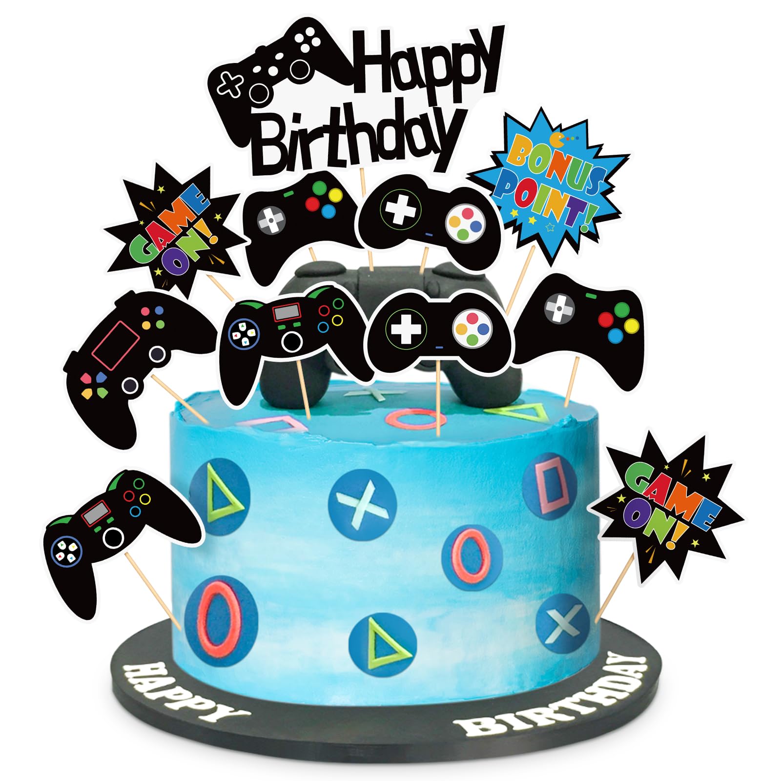 Photo 1 of 12 Pcs Video Game Cake Toppers Game Controller Cupcake Toppers Video Games Cake Decorations Picks for Kids Boys Men Happy Birthday Party Supplies