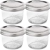 Wide Mouth Mason Jar 8 oz - (4 Pack) - Kerr Wide Mouth Mason Jars With Airtight lids and Bands - For Canning, Fermenting, Pic