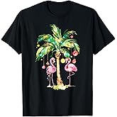 Pink Flamingo Christmas Palm Tree Tropical Xmas Holiday T-Shirt