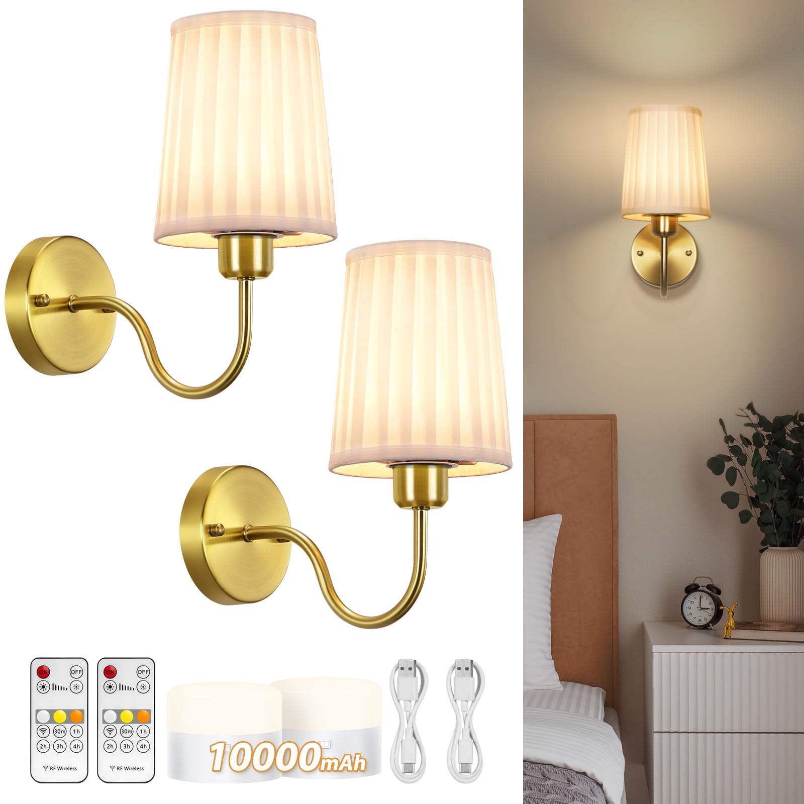 Photo 1 of ***PARTIAL SET/ MISSING REMOTES*** NookNova Battery Operated Wall Sconce Set of Two, Wireless Wall Sconces with 10000mAh Dimming Magnetic Bulb, Rechargeable Wall Sconce with Pleated Fabric for Bedroom Living Room Gallery Hallway, Gold