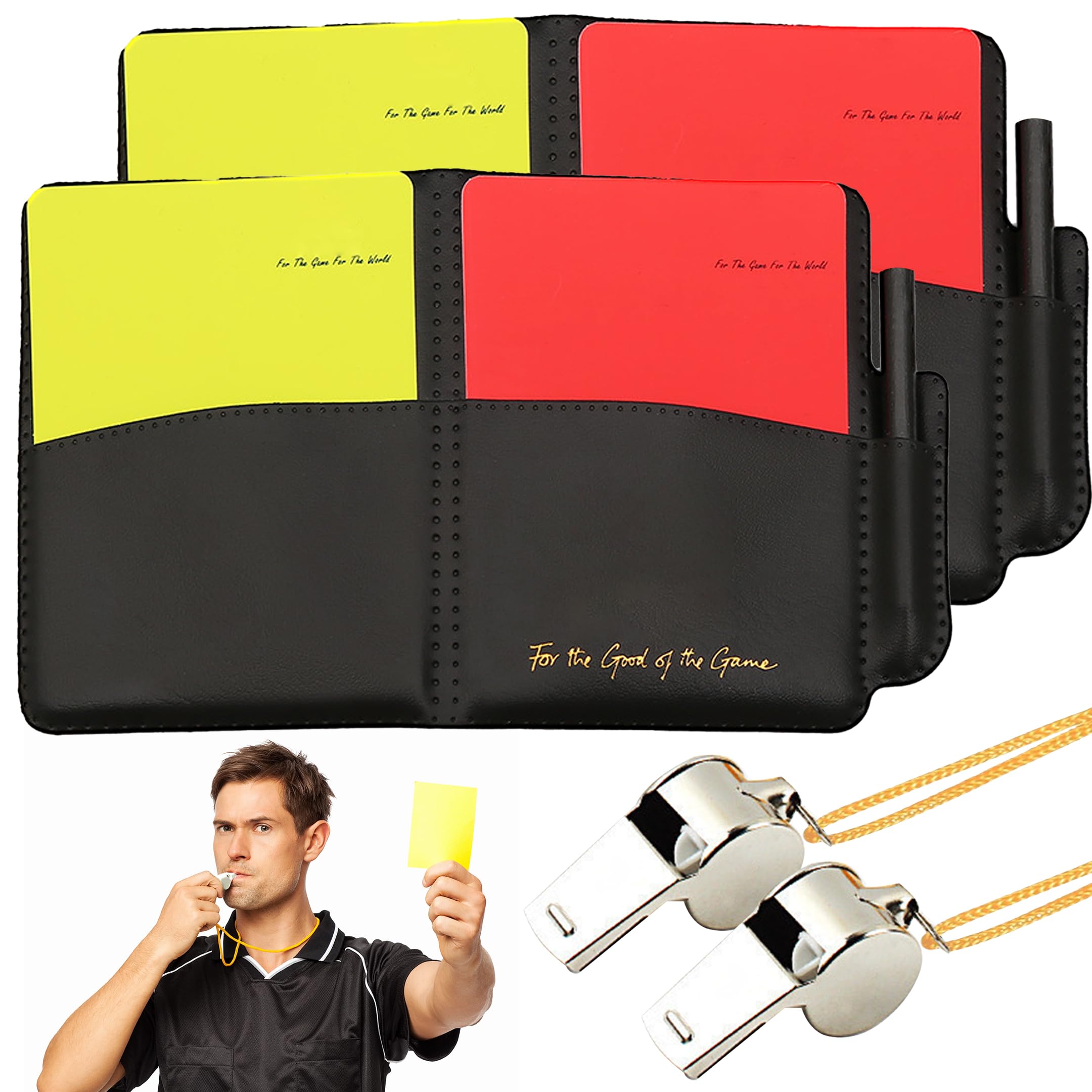 mwellewm 2PCS Referee Cards Set, Football Referee Red and Yellow Cards with Whistle Lanyard, Sports Ref Kit Score Book for Football Soccer Match