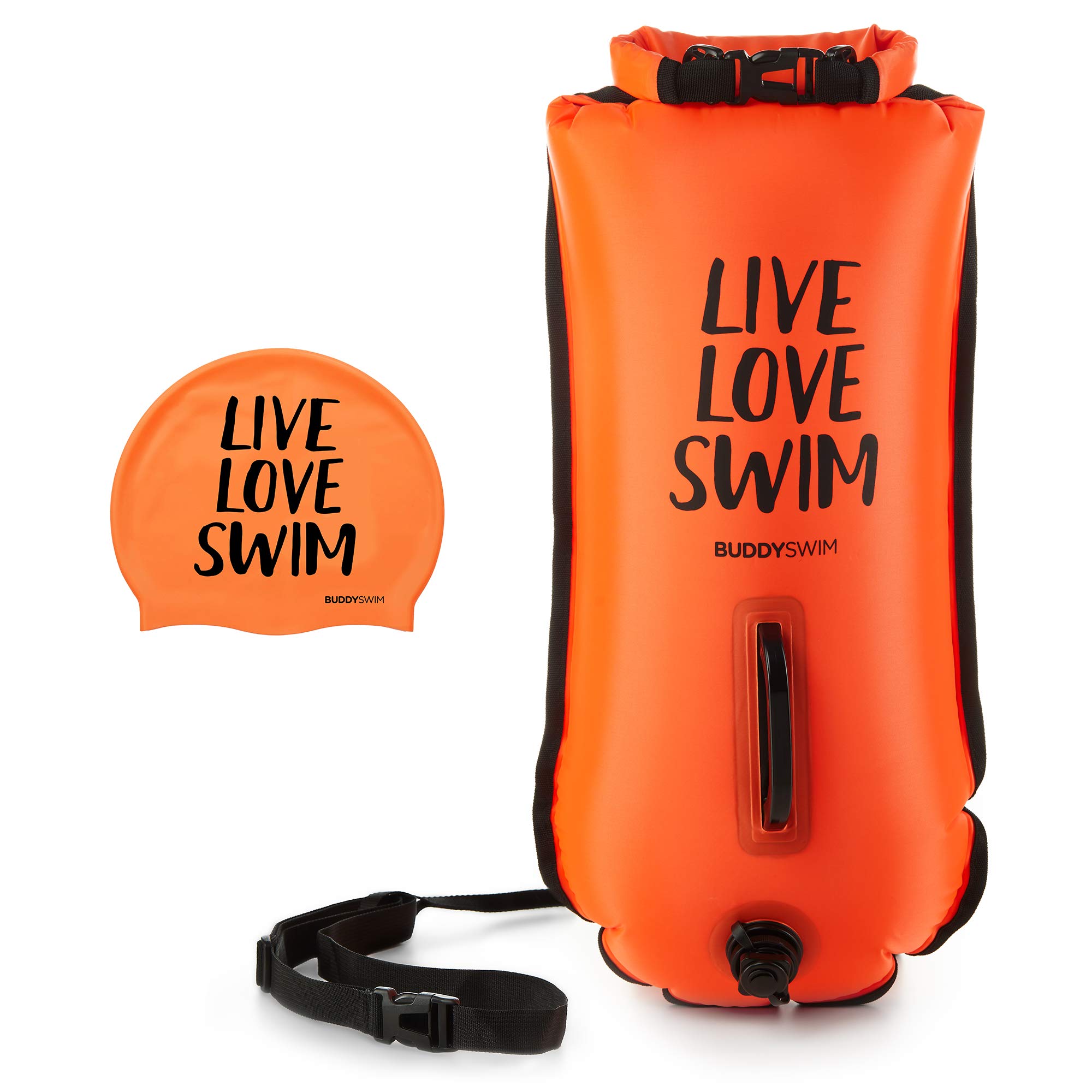 BUDDYSWIM Swim Buoy Dry Bag, 28L. Tow Float Swim Bubble for Open Water Swimmers. High visibility safety buoy float with two air chambers and storage to store personal items.