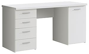 NEWFACE  Schreibtisch mit 4 Schubkästen und 1 Tür, Holz, Weiß matt, 145 x 60 x 76.3 cm