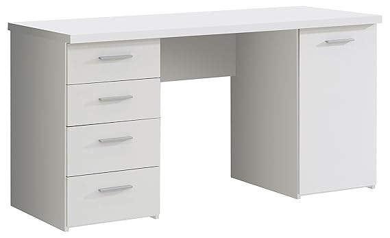 NEWFACE Schreibtisch mit 4 Schubkästen und 1 Tür, Holz, Weiß matt, 145 x 60 x 76.3 cm