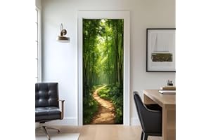 Door Stickers Peel and Stick Door Decal Sunlit Forest Pathway Green Trees Removable Mural Wallpaper 30.3''x78.7'' Wall Murals