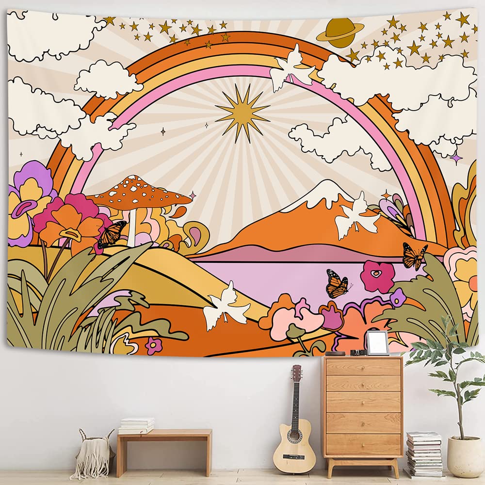 YISUMEI Vintage Groovy Tapestry, Retro Flowers Clouds Sun and Rainbow Wall Hanging, Orange Boho Hippie Psychedelic Tapestry for Bedroom Living Room Dorm Decor (M/130x150cm/51x60inch)