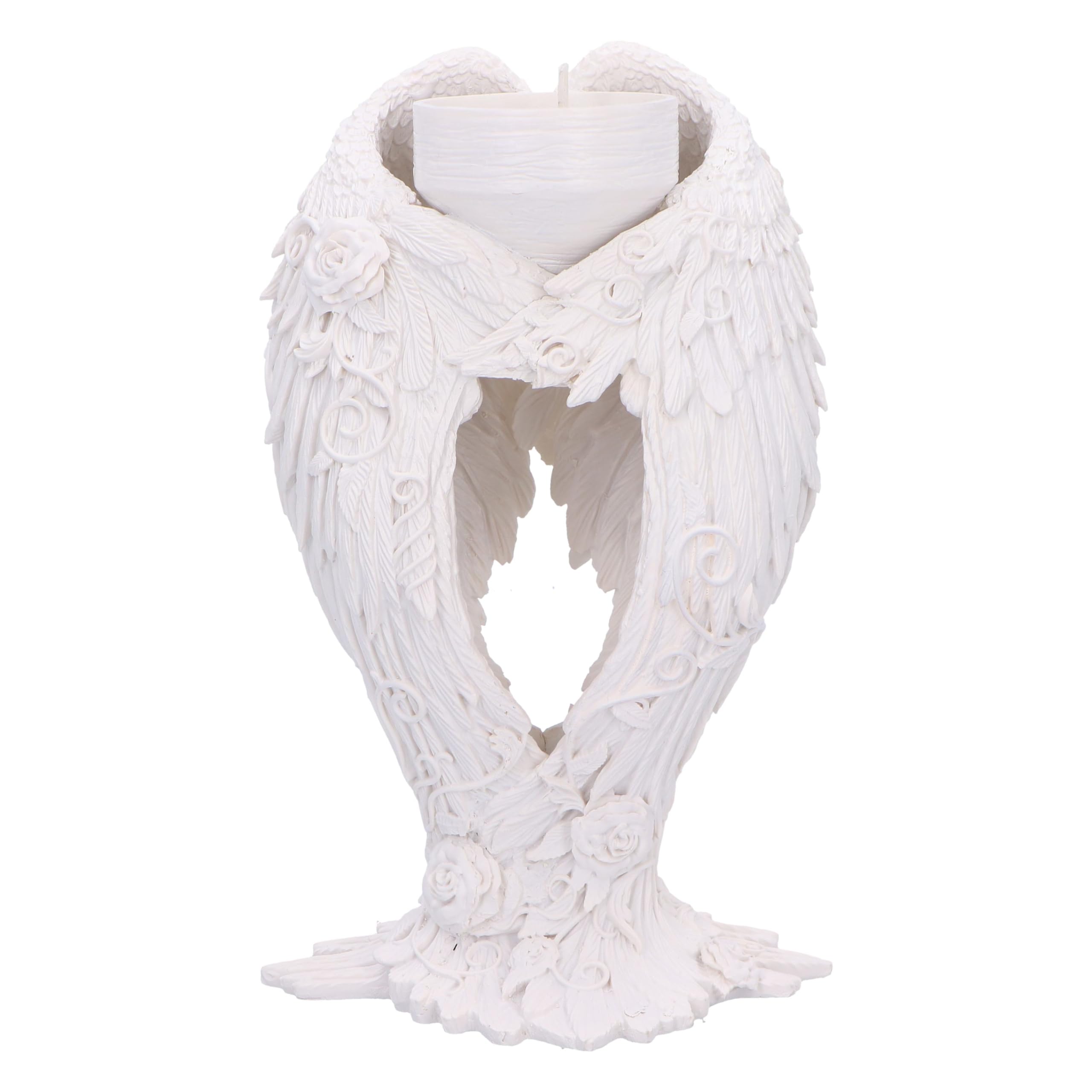 Nemesis Now Angel Wings Tea Light Holder 17cm, Resin, White, Tea Light Holder Supported by Angel Wings Sculpture, Angels Home Decor, Angel Gift, Cast in the Finest Resin, Expertly Hand-Painted