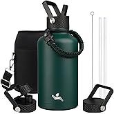 Konokyo Half Gallon Insulated Water Bottle with Straw,64 oz 3 Lids Water Jug with Carrying Bag,Paracord Handle,Double Wall Vacuum Stainless Steel Metal Flask,Dark Green