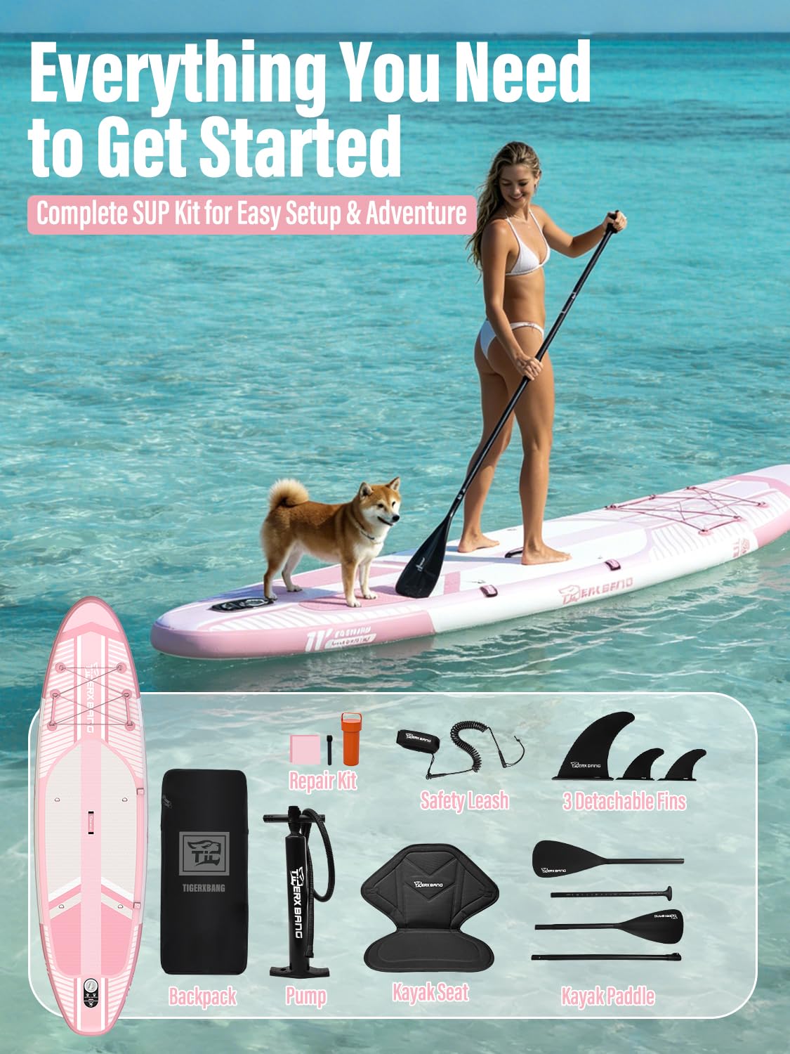 TIGERXBANG Aufblasbares Stand-Up-Paddle-Board mit Zubehör 335 × 86 × 15 cm, SUP Board für Erwachsene, Kollektion Shadow Rosa 5