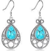 Genuine Turquoise Teardrop Boho Earrings, Sterling Silver Vintage Native American Western Jewelry Large Dangle Earrings