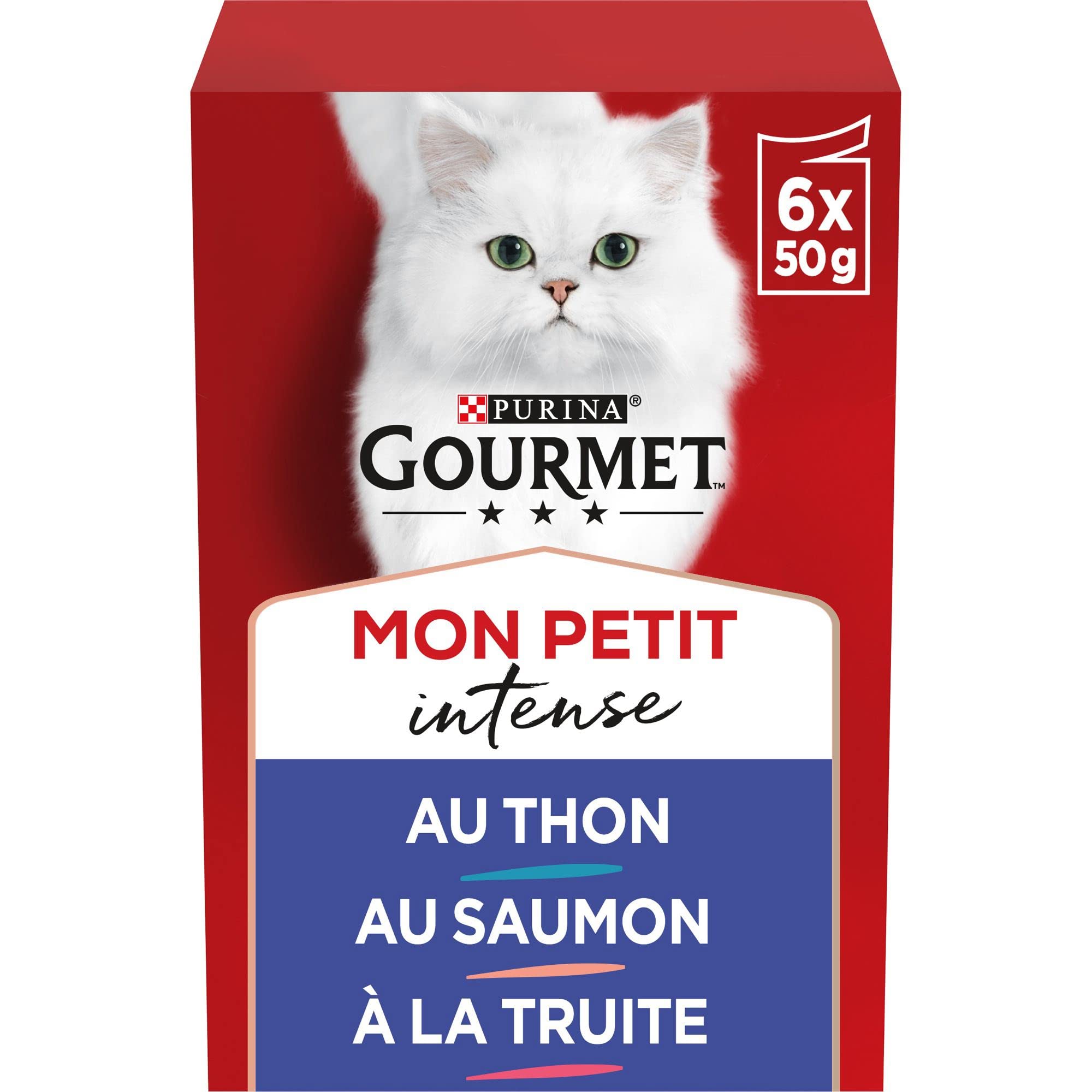 GOURMET | MON PETIT INTENSE | Adult Cat | Sliced in Sauce | Fish Selection: Salmon, Tuna, Trout | Fresh Sachets | Pack of 8 (6 x 50g)