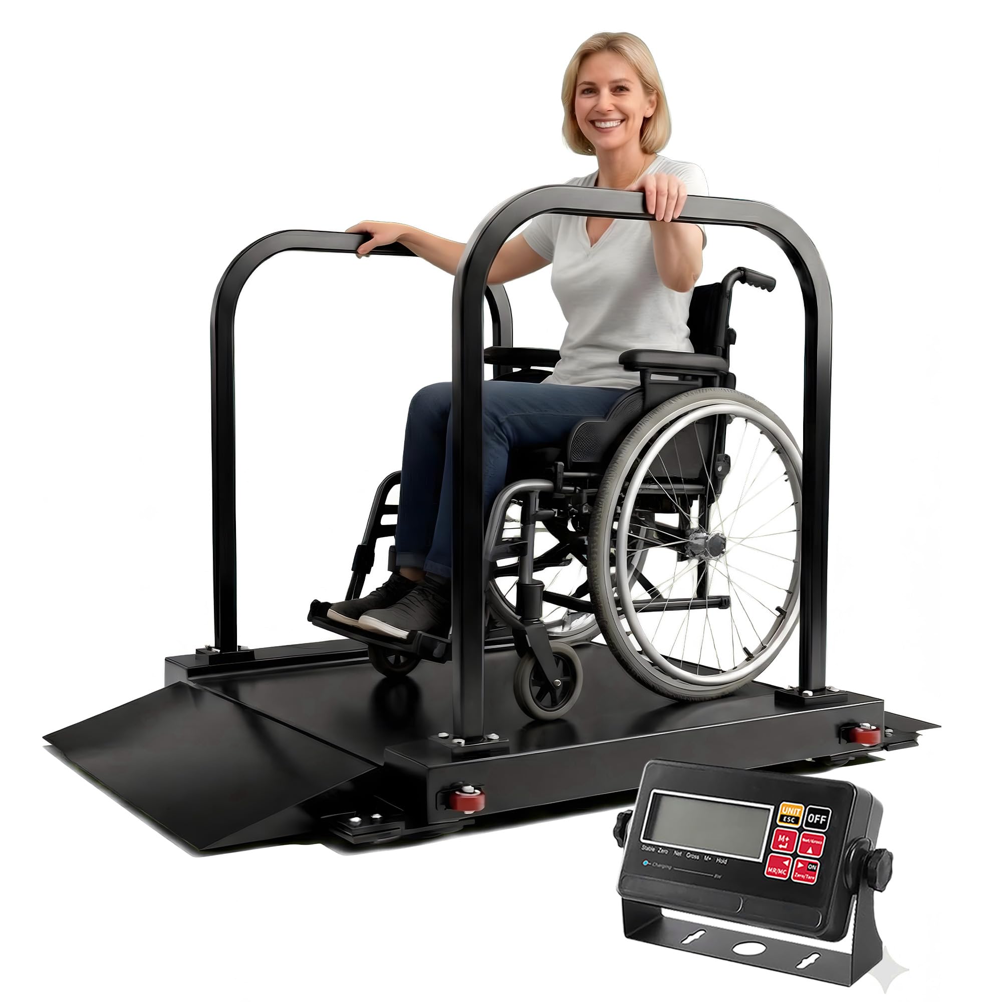 Photo 1 of Double-Side Handle Wheelchair Scale with Dual Extended Detachable Ramp for Home Use Portable Heavy Duty Digital Medical Scale Weighing Platform 1000lbs x 0.2lbs