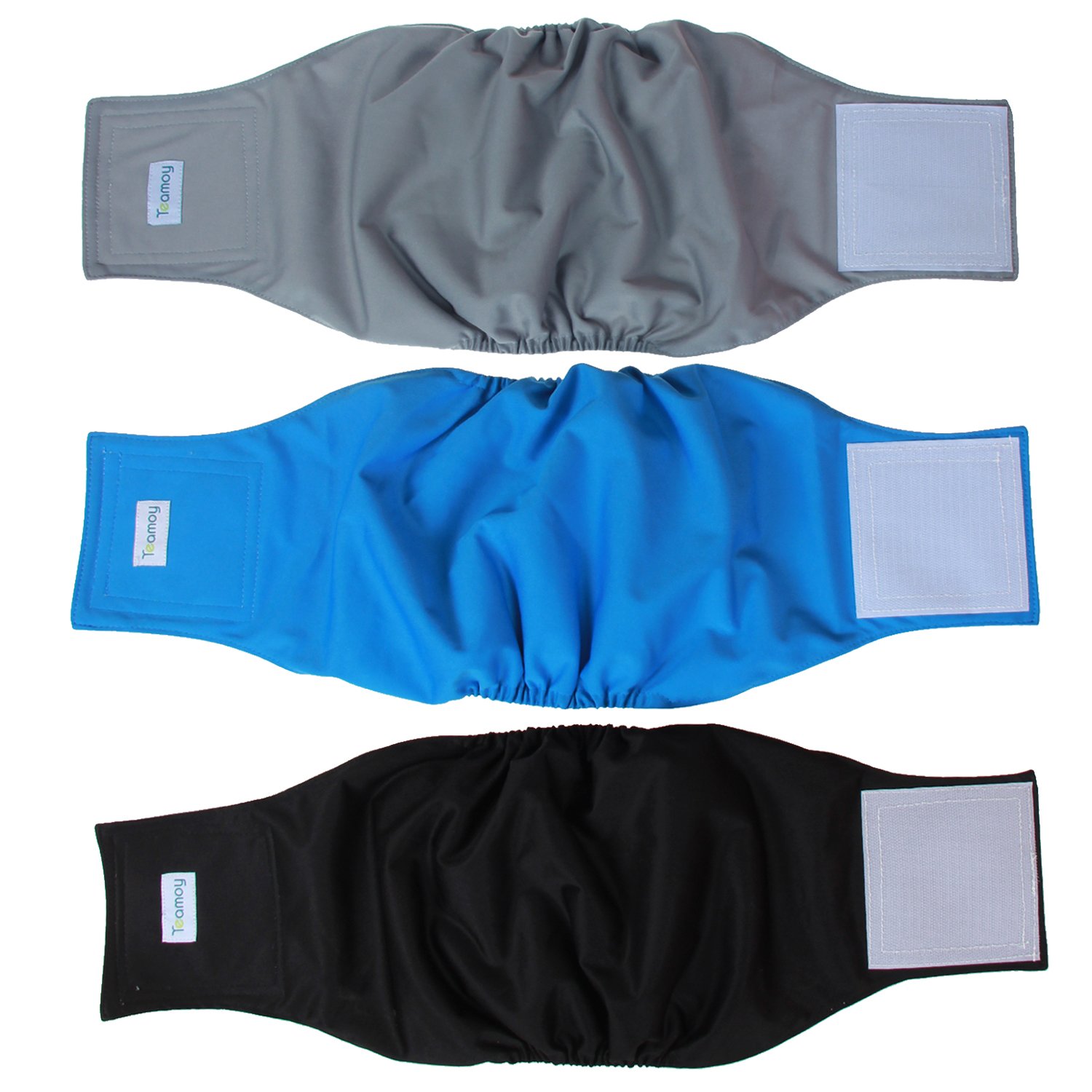 Photo 1 of Teamoy Reusable Wrap Diapers for Male Dogs, Washable Puppy Belly Band Pack of 3 (L1, 16"-20" Waist, Black+ Gray+ Lake Blue)