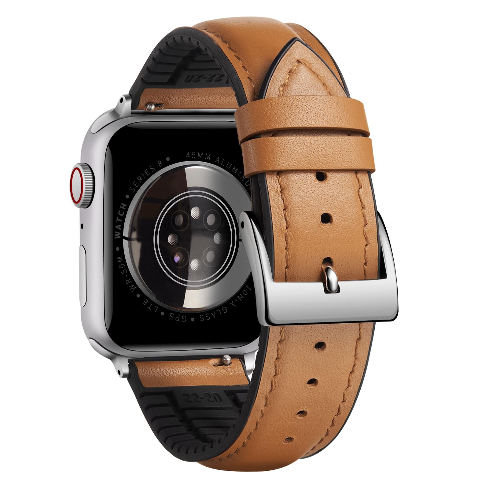 BINLUN Compatible with Apple Watch Bands Leather Soft Silicone Inner Hybrid Sweatproof 38mm 40mm 41mm 42mm Watch Strap for iWatch Ultra SE Series 11/10/9/8/7/6/5/4/3/2/1(Silver Buckle,Light Brown)