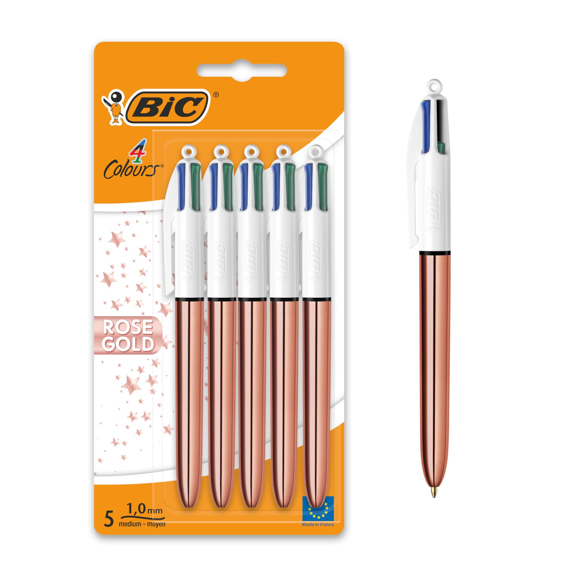 BIC 4 Colours Rose Gold Pen, Multi Coloured Pens All In One, Retractable Ballpoint Pen, Medium 1.0mm, Green, Blue, Red, Black, 5 Pens Per Pack, 1 Pack