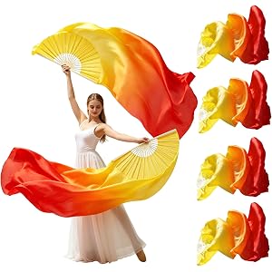Belly Dance Faux Silk Fan Veil, 2 Pairs Handmade Long Silk Chinese Fans | for Dancing Abanicos de Danza Cristiana for Line Da