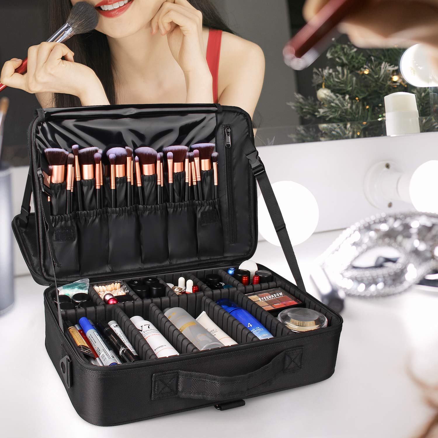 Relavel Professional Makeup Train Case Cosmetic Bag Brush Organizer and Storage 16.5" Travel Make Up Artist Box 3 Layer Large Capacity with Adjustable Strap (Black) : Beauty