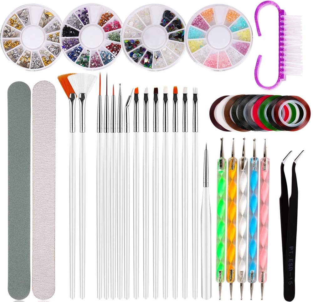 Nail Art Kit,Nail Pen Designer,Nails Accessories Kit with Nail Decoration Rhinestones,Dotting Pen,Assorted Colors Nail Striping Tape, Nail Brush tools and tweezers