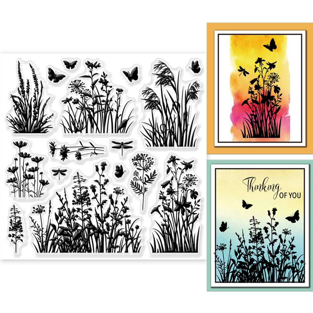 GLOBLELAND Flowers Grass Reeds Clear Stamps for DIY Scrapbooking Wildflowers Silicone Clear Stamp Seals 15x15cm Transparent Stamps for Cards Making Journal Decoration