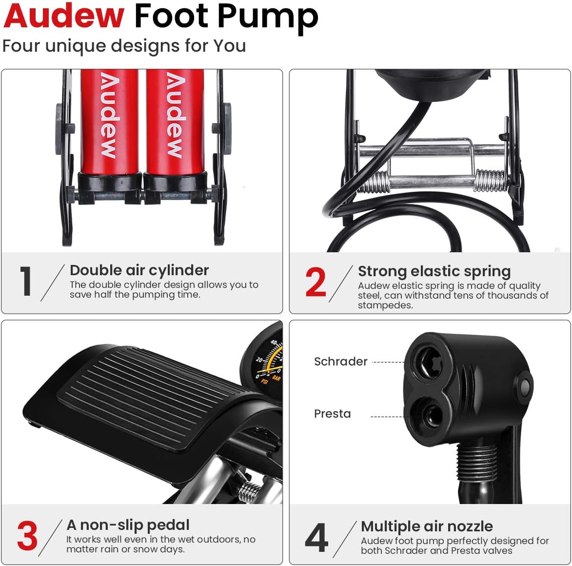 Audew Dual-Cylinder Foot Pump, Portable Floor Bike Pump with Accurate Pressure Gauge & Smart Valves, 160PSI Air Pump for Bicycles, Motorcycles, Cars, Balls and Other Inflatables : Sports & Outdoors
