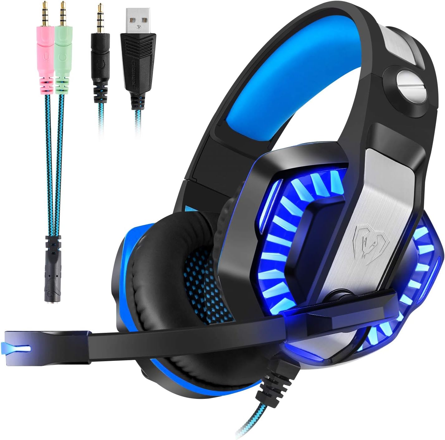 Micolindun Gaming Headset Microphone PC Headphone Gamer with Mic 3.5mm Bass Stereo Volume Control LED for PC, Laptop, Tablet and Smartphone, PS4 (Splitter Adapter include)