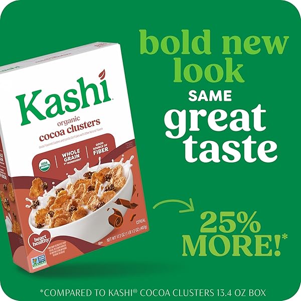 KASHI BREAKFAST CEREAL, ORGANIC, WHOLE GRAIN, COCOA CLUSTERS, 17.2OZ BOX (1 BOX)