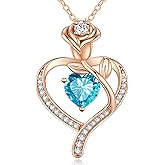 LOUISA SECRET Rose Flower Heart Birthstone Necklaces for Women, 925 Sterling Silver Fine Jewelry, Pendant Heart Necklaces Birthday Anniversary Christmas Gift for Women Wife Mom Girlfriend Lady