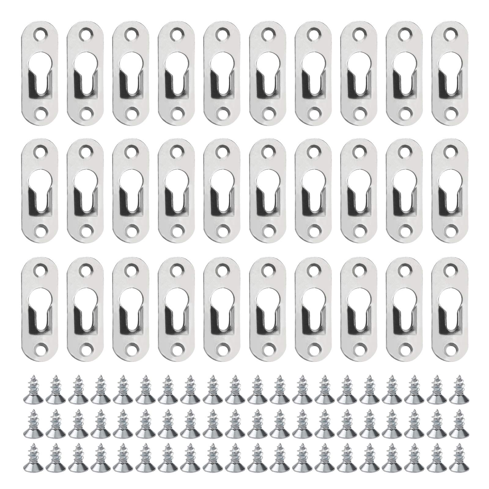 30 Pieces Picture Hangers Keyhole Hanger Fasteners for Picture Frames with 60 Pieces Screws and Storage Box, Silver, Iron, 44mm