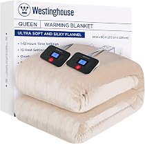 Westinghouse Queen Size Electric Blanket - 10 Heat Levels, 12-Hour Timer, Reversible Flannel & Sherpa