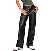 OZICERD Black Faux Leather Pants for Women High Waisted Flare Cargo Pants Y2k Straight Wide Leg Pleather Pants with Pockets