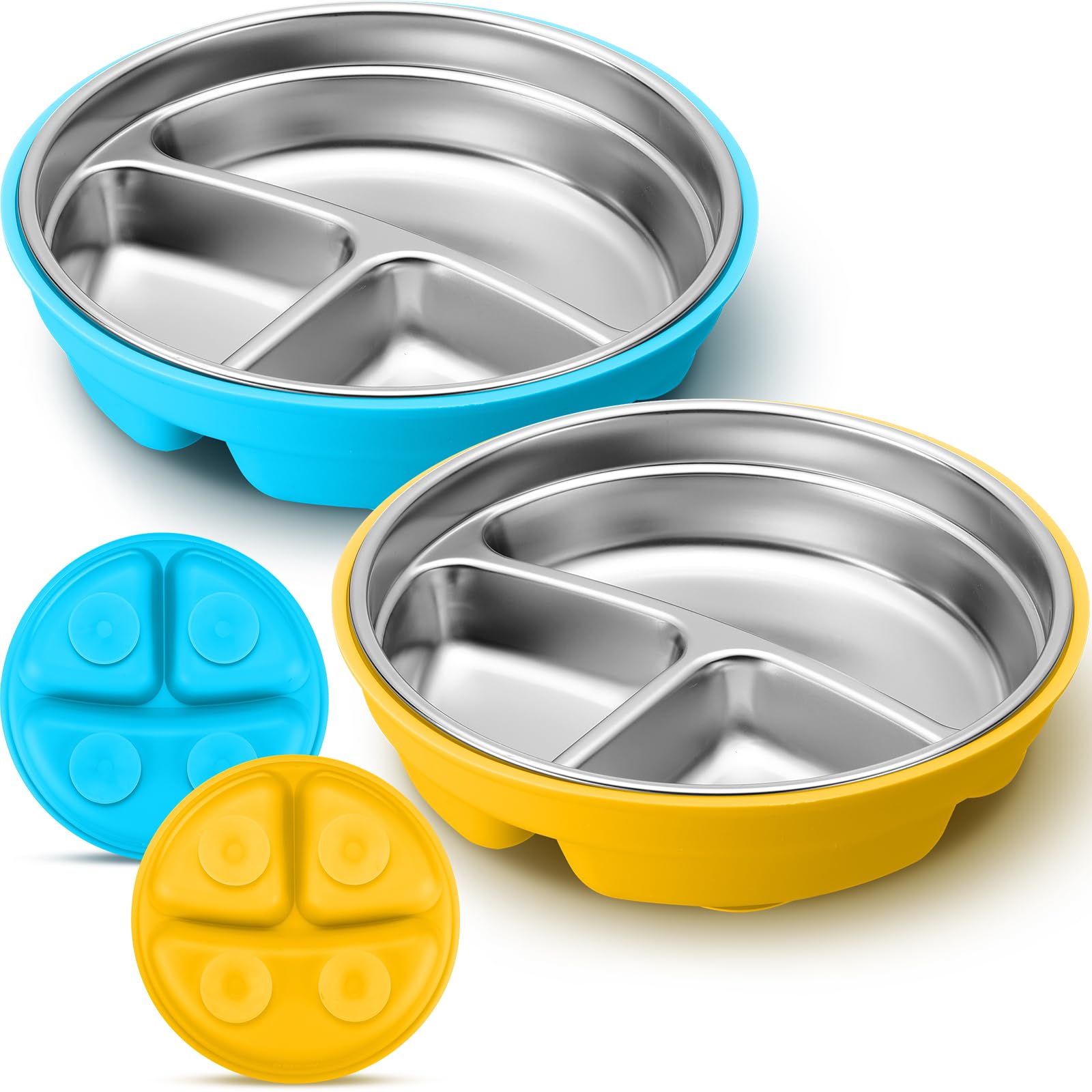 Photo 1 of Nuogo 2 Pcs Stainless Steel Baby Suction Plates with Removable Silicone Shell 2-in-1 Metal Toddler Bowl Divided for Picky Eaters Kids Feeding Led Weaning Supplies, Dishwasher Safe (Yellow,Blue)