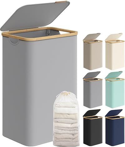 SONGMICS Slim Laundry Basket with Lid 90L Dove Grey 42x32x70.5 cm