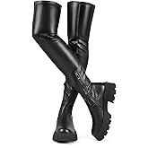 CouieCuies Women's Over the Knee Boots Black Thigh High Boots Platform Knee High Lug Sole Comfortable Stretch Mid Heel Half Zipper